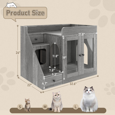 Modern Cat Litter Box Furniture with Light & Storage Drawers
