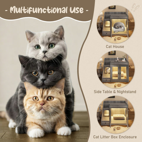 Modern Cat Litter Box Furniture with Light & Storage Drawers