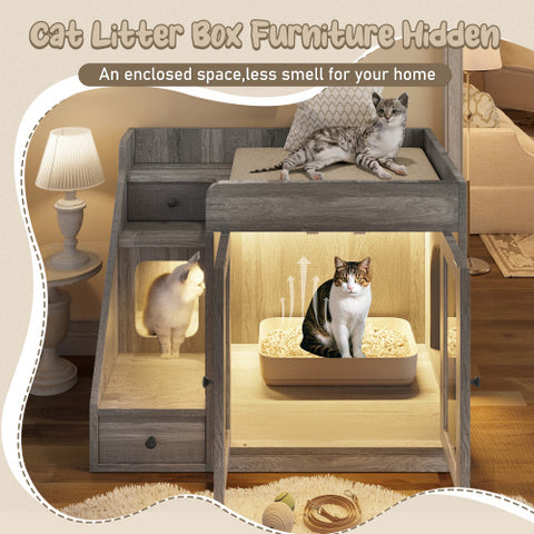 Modern Cat Litter Box Furniture with Light & Storage Drawers