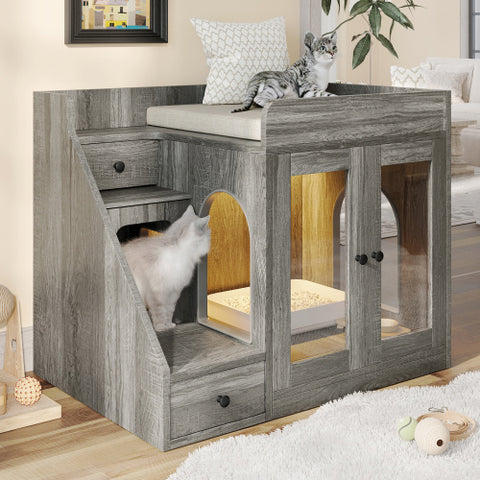 Modern Cat Litter Box Furniture with Light & Storage Drawers