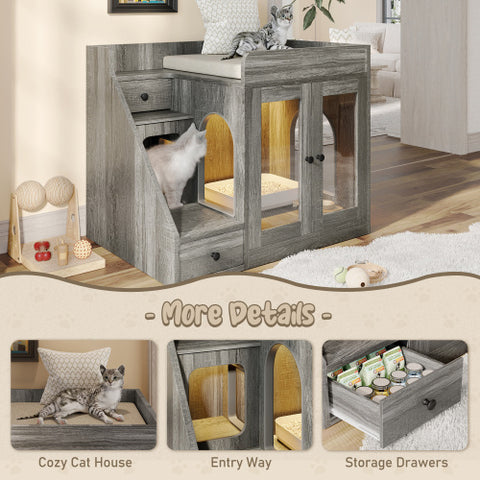 Modern Cat Litter Box Furniture with Light & Storage Drawers