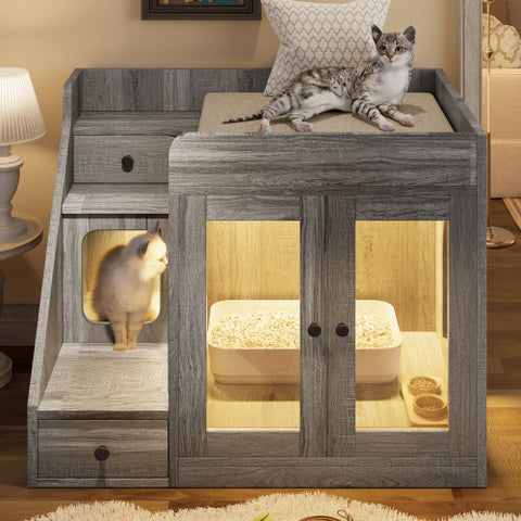 Modern Cat Litter Box Furniture with Light & Storage Drawers